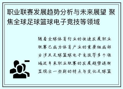 职业联赛发展趋势分析与未来展望 聚焦全球足球篮球电子竞技等领域