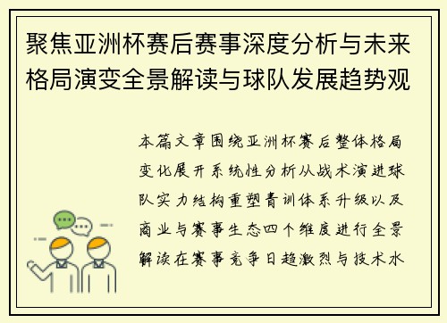 聚焦亚洲杯赛后赛事深度分析与未来格局演变全景解读与球队发展趋势观察