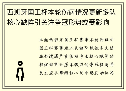 西班牙国王杯本轮伤病情况更新多队核心缺阵引关注争冠形势或受影响